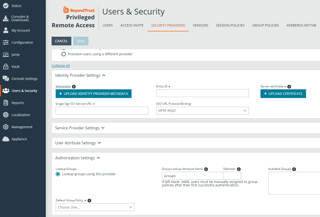 Add a security provider by entering authorization settings. 