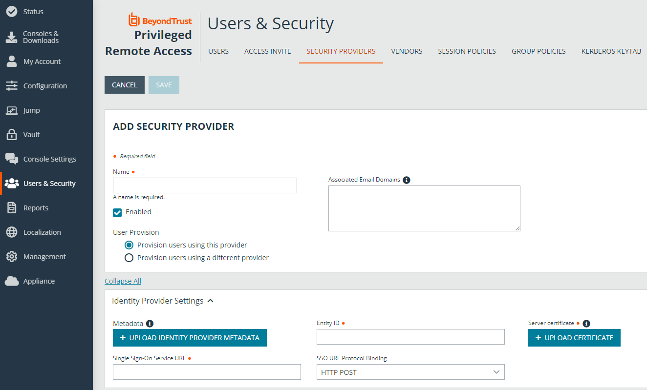 Add a security provider by entering identity provider settings. 
