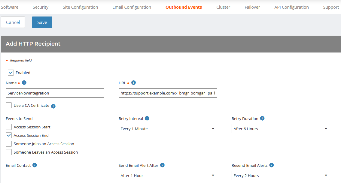 Outbound Events - Add HTTP Recipient for ServiceNow Integration