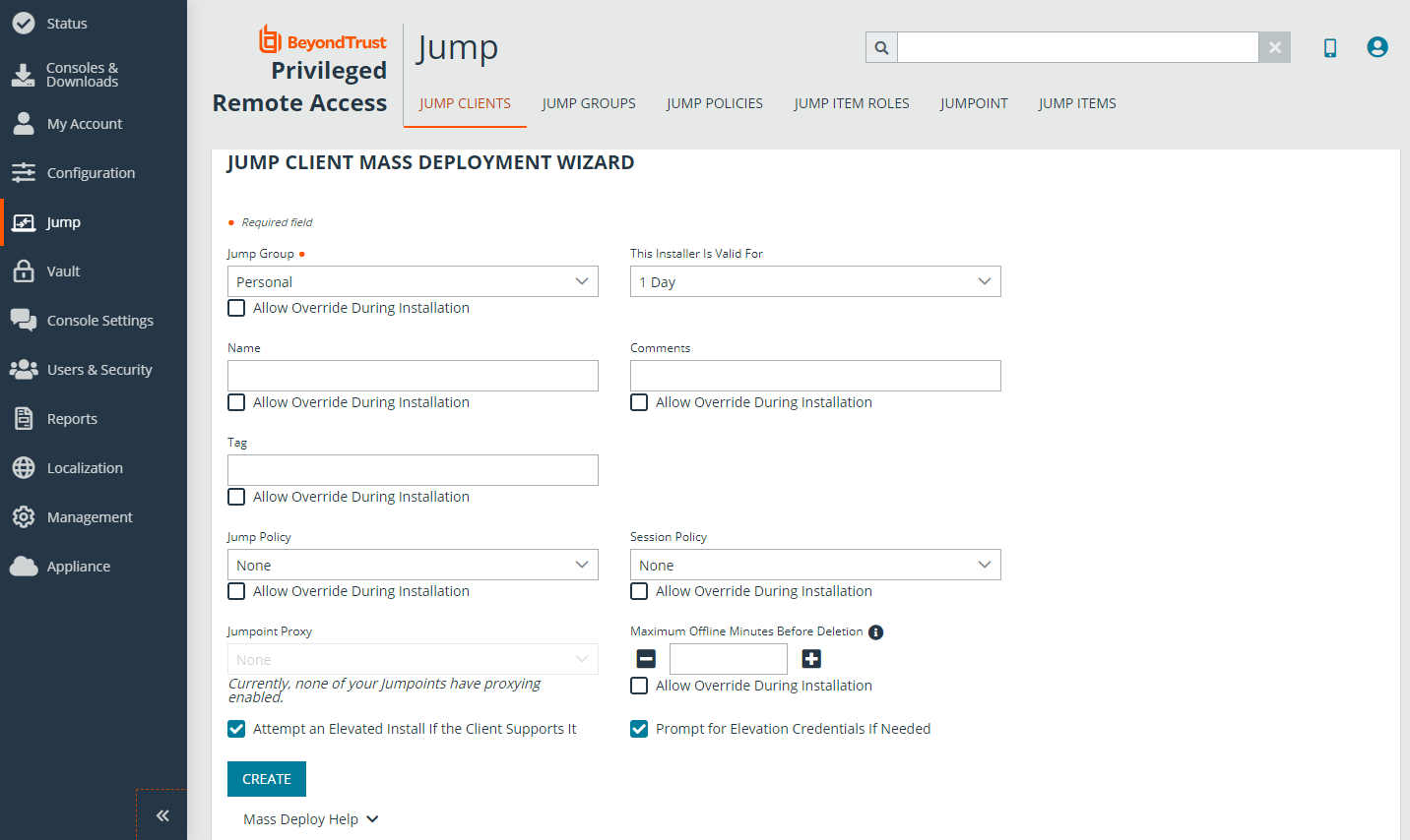 Jump Client Mass Deployment Wizard options. 