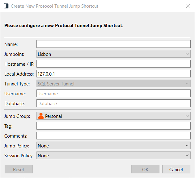 Create a new Protocol Tunnel Jump Shortcut for an SQL Server Tunnel.