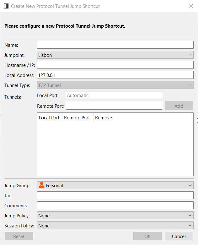 Create a new Protocol Tunnel Jump Shortcut for a TCP Tunnel. 