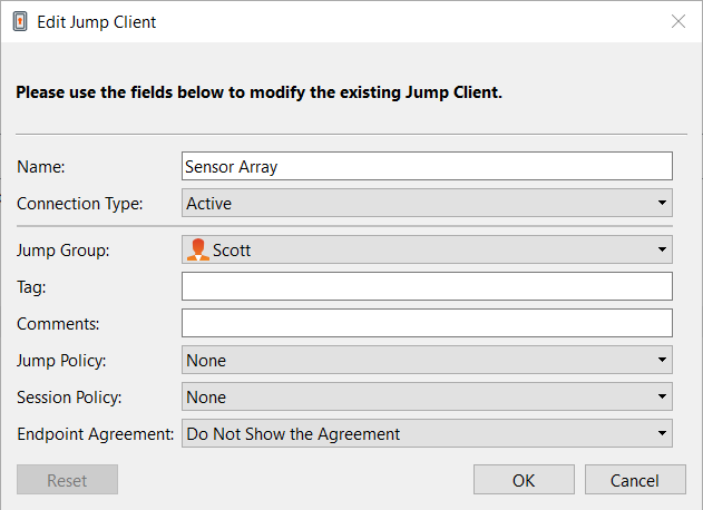 Edit Jump Client Prompt showing the Endpoint Agreement dropdown menu.