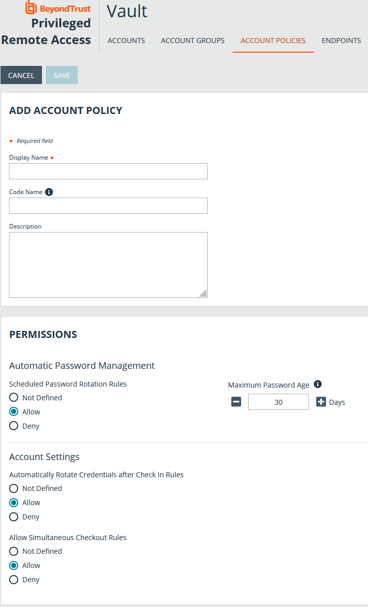Screenshot of the Add Account Policy page in Privileged Remote Access /login.