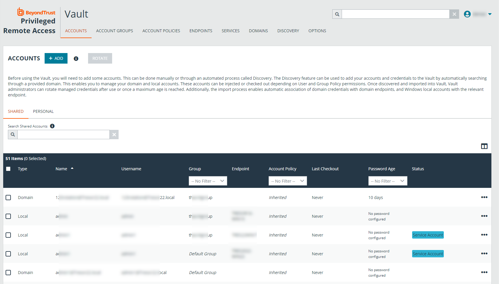 Screenshot of Vault Accounts page with Service Accounts listed