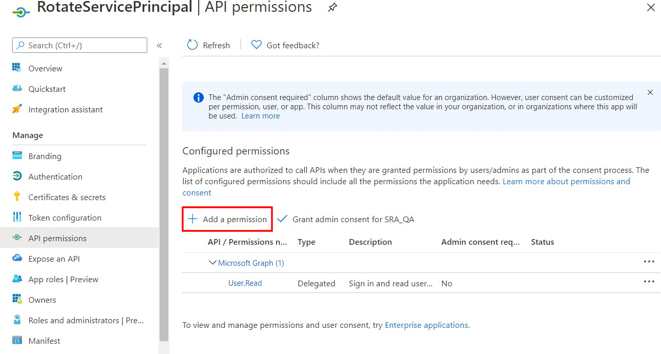 Azure add api permission screen