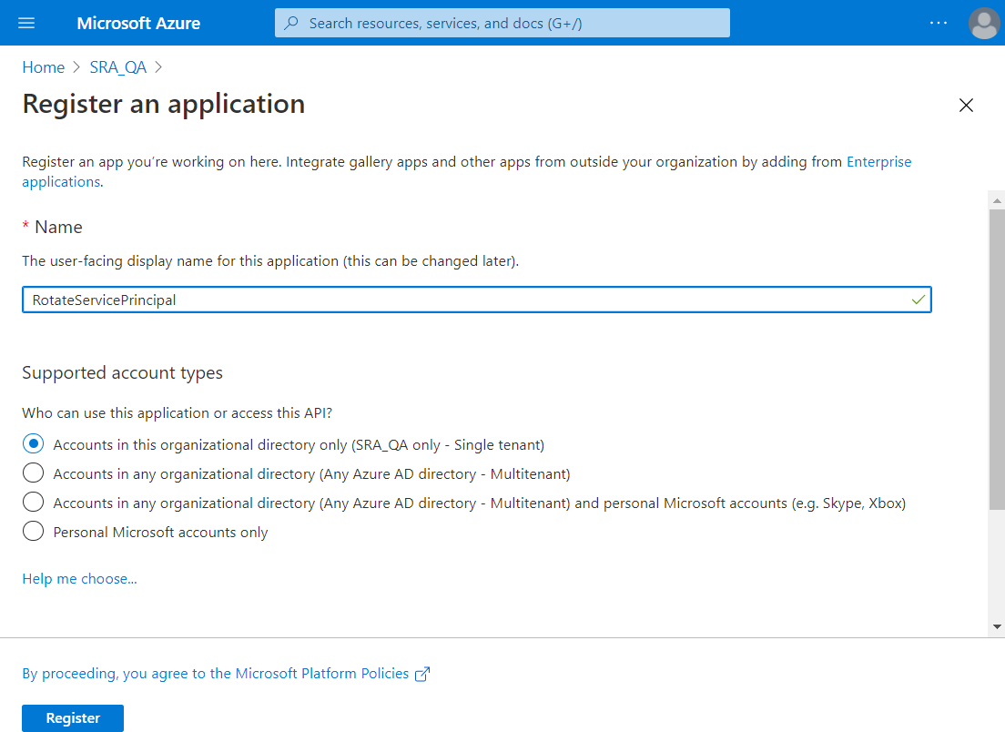 Azure register new application screen