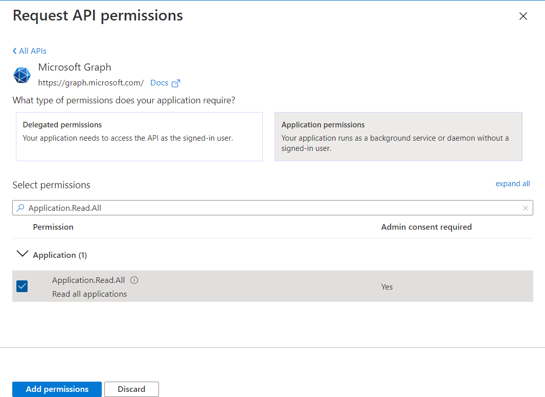Azure request api permissions screen