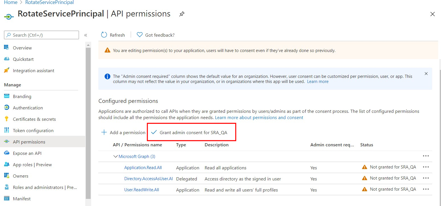 Azure grant admin consent for directory screenshot