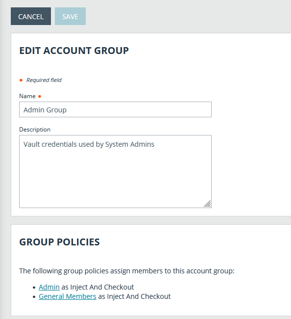 Account Group - Group Policies Section