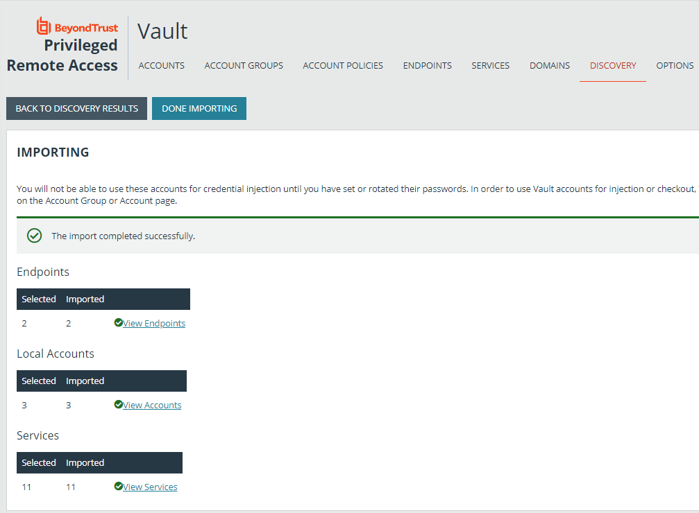 Screenshot of the Vault Importing page indicating the status of the import once it is complete.