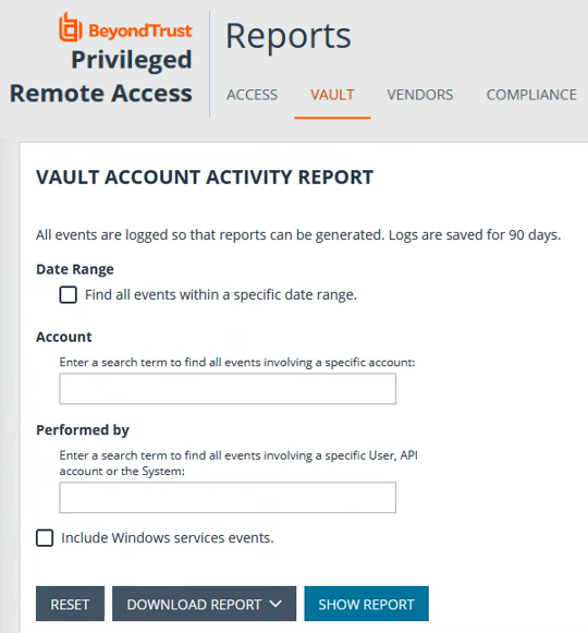 Criteria Selection for the Vault Account Activity Report