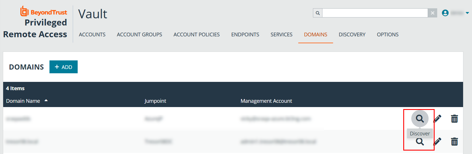 Screenshot of Vault > Domains page in /login highlighting the Discover button.