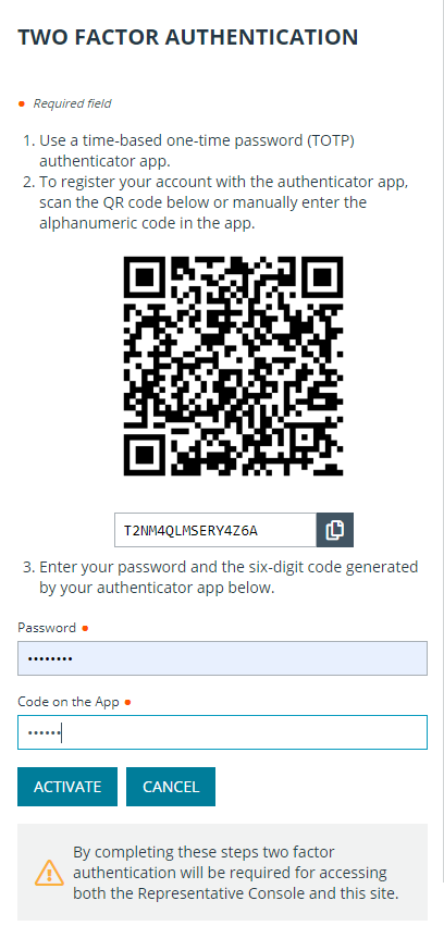 Enter 6 digit code to Active Two Factor Authentication 