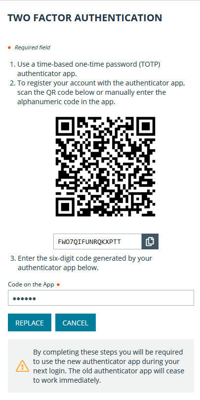 Enter code from the authentication app and click Replace.