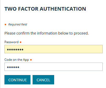 Prompt asking the user to enter their password and two factor authentication code.
