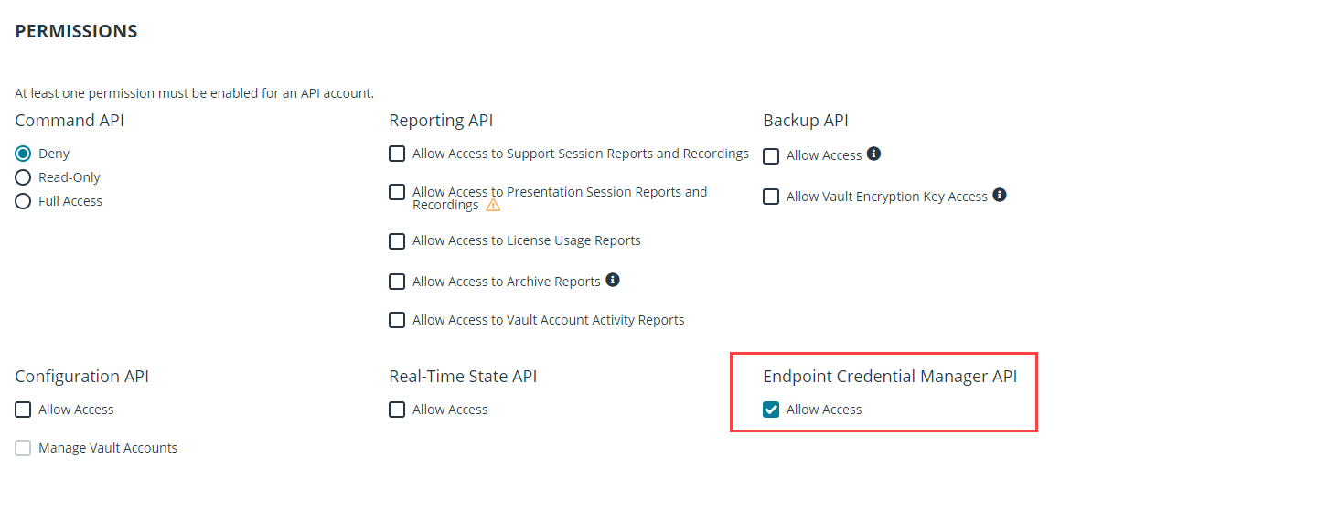 Screenshot of the Allow Access for Endpoint Credential Manager API option on the API Configuration page in Remote Support /login.