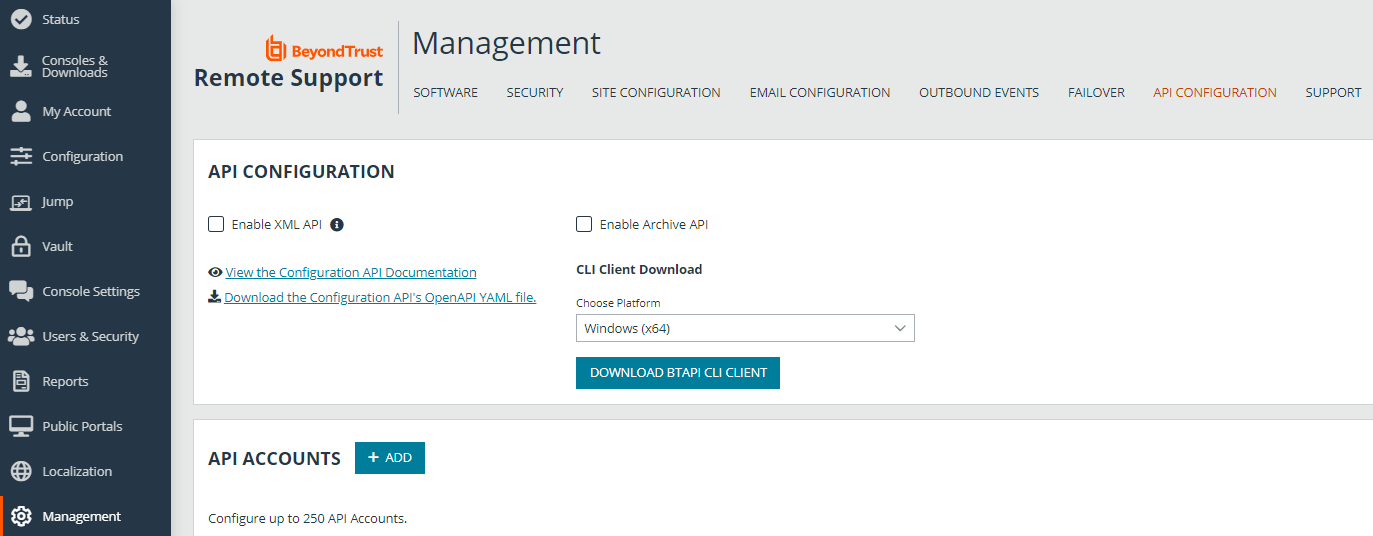 Management > API Configuration Options in Remote Support /login.
