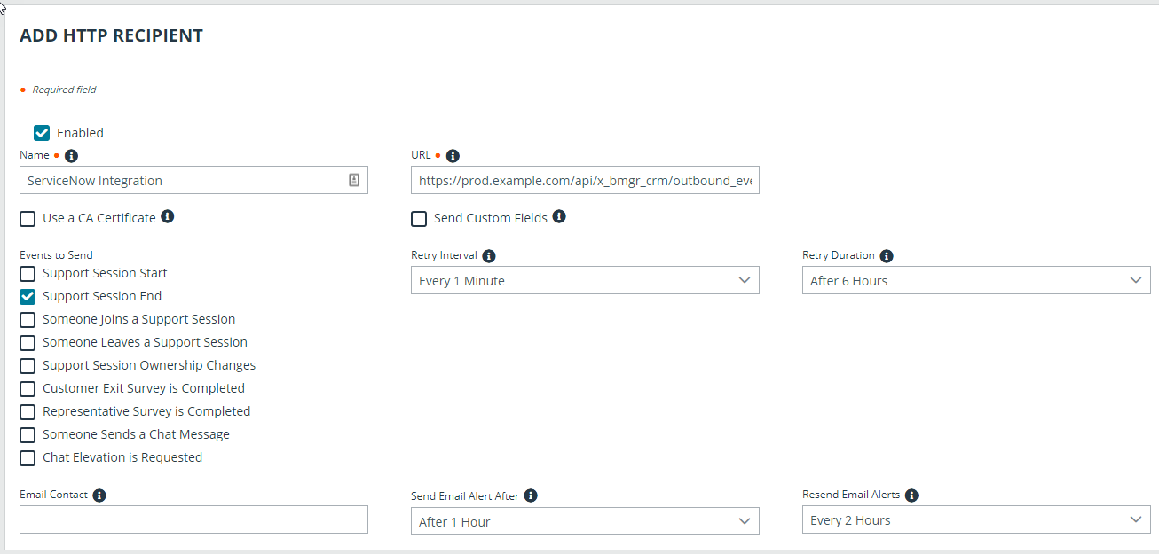 ServiceNow screen for adding a URL, to configure production outbound event. 