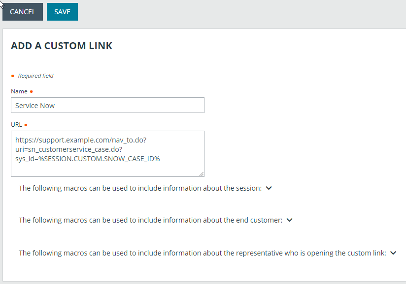 ServiceNow screen for adding and configuring a custom link. 