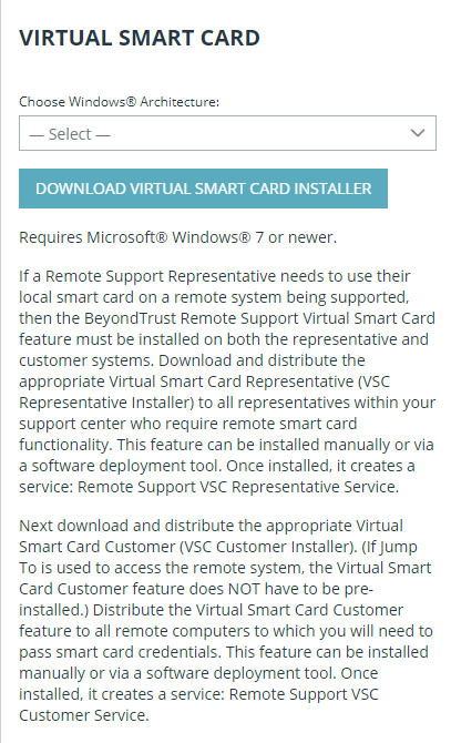 Screenshot of the Remote Support Virtual Smart Card Installer.