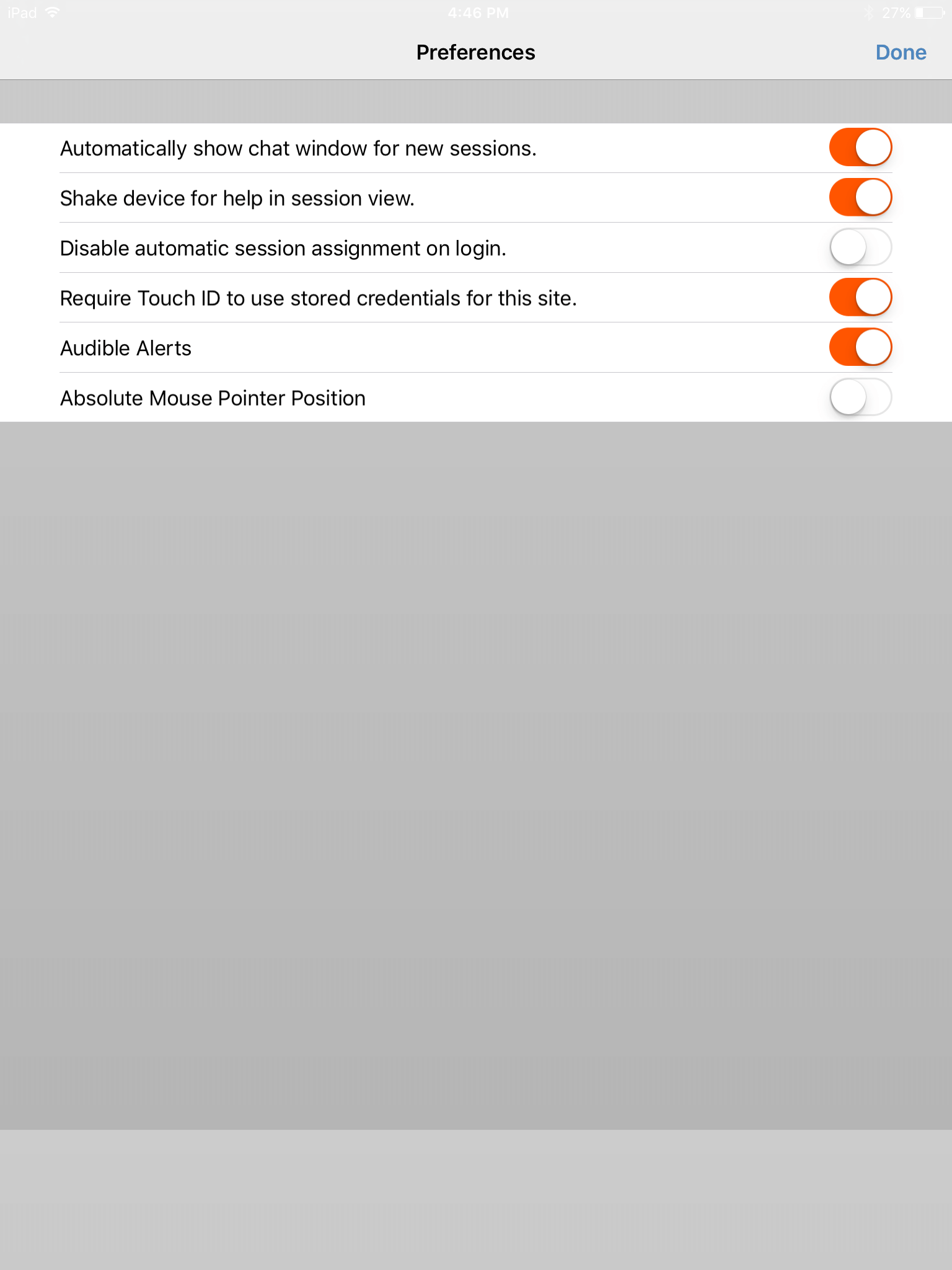 iOS Mobile Representative Console Preferences, Require Touch ID option