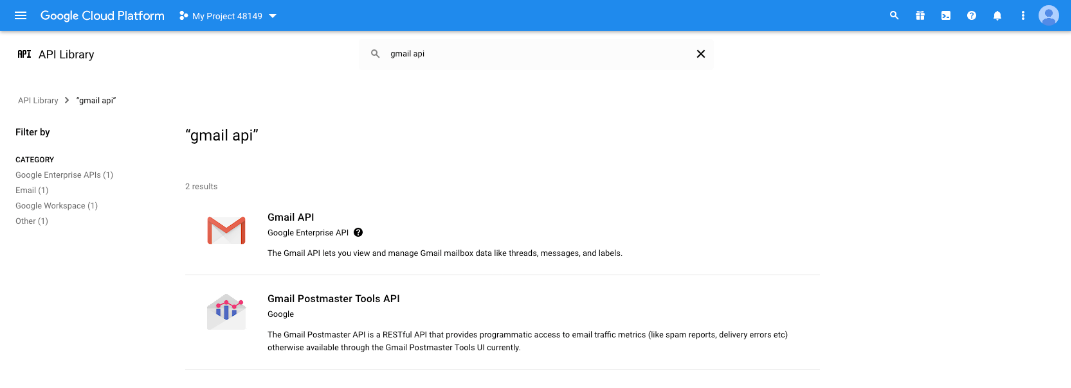 Search or browse for the Gmail API in the library.