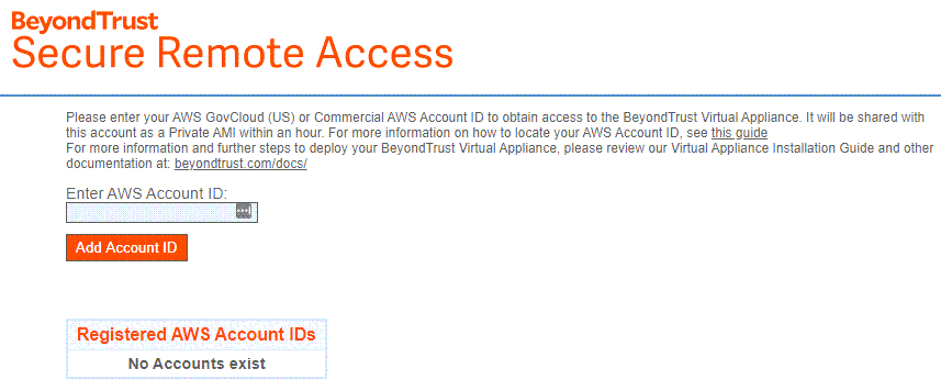 The BeyondTrust web page where you enter your AWS account ID to upload your RS Virtual Appliance to Amazon  