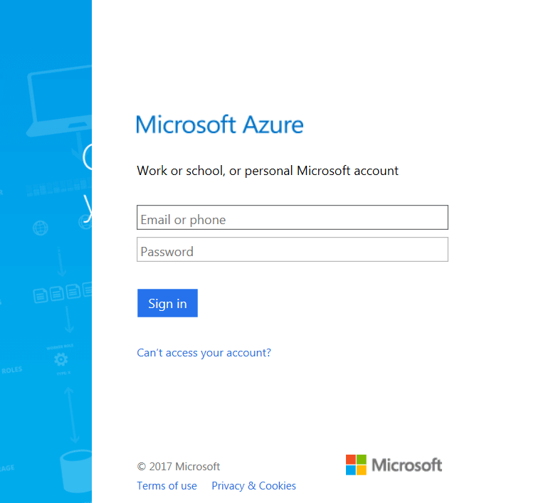 The login prompt for Microsoft Azure.