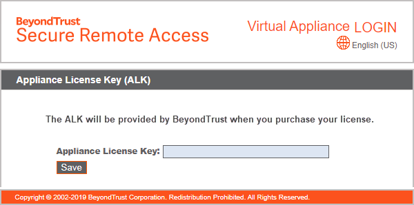 The BeyondTrust section allowing you to enter your Appliance License Key to register your appliance.