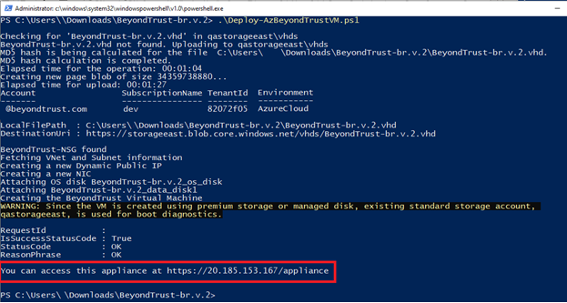 The PowerShell window indicating the IP address for the RS Virtual Appliance.