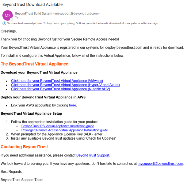 A BeyondTrust email listing the links needed to download executable files for virtual appliances.