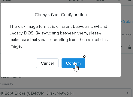 Nutanix Change Boot Configuraiton confirmation message. 
