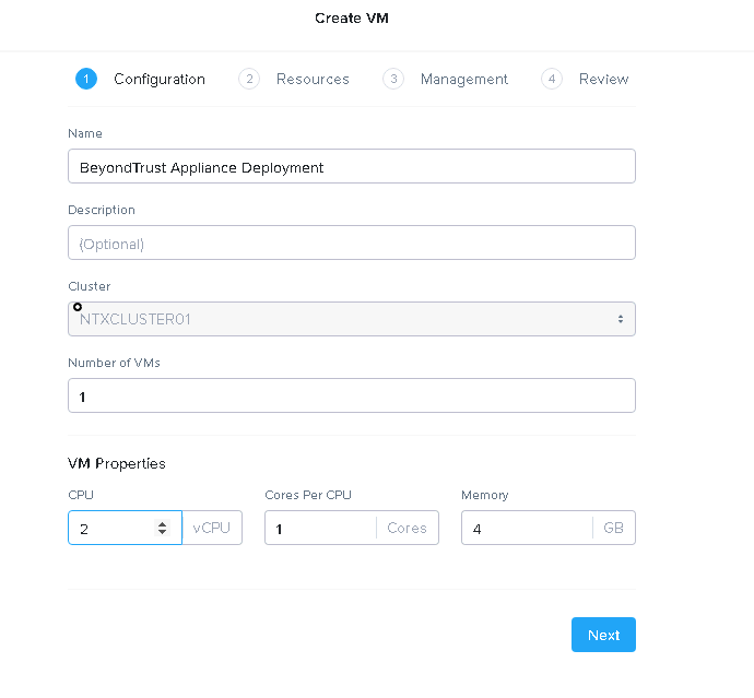 The Nutanix Create VM screen, for specifying CPU and memory configuration.