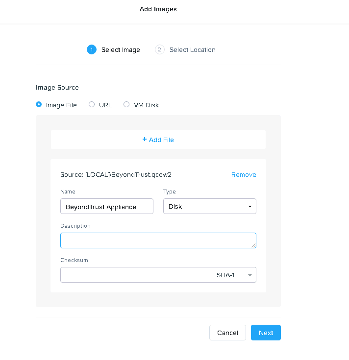 The Nutanix screen for adding images.