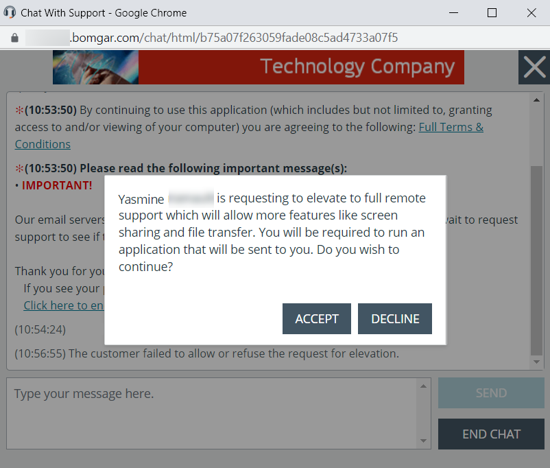 Screenshot of the Click to Chat window showing the Representative requesting to elevate to the full remote support client.