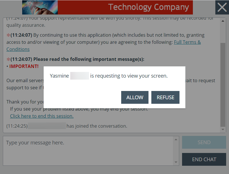 Click to Chat window showing a request for the customer to share their screen with the Remote Support Representative.