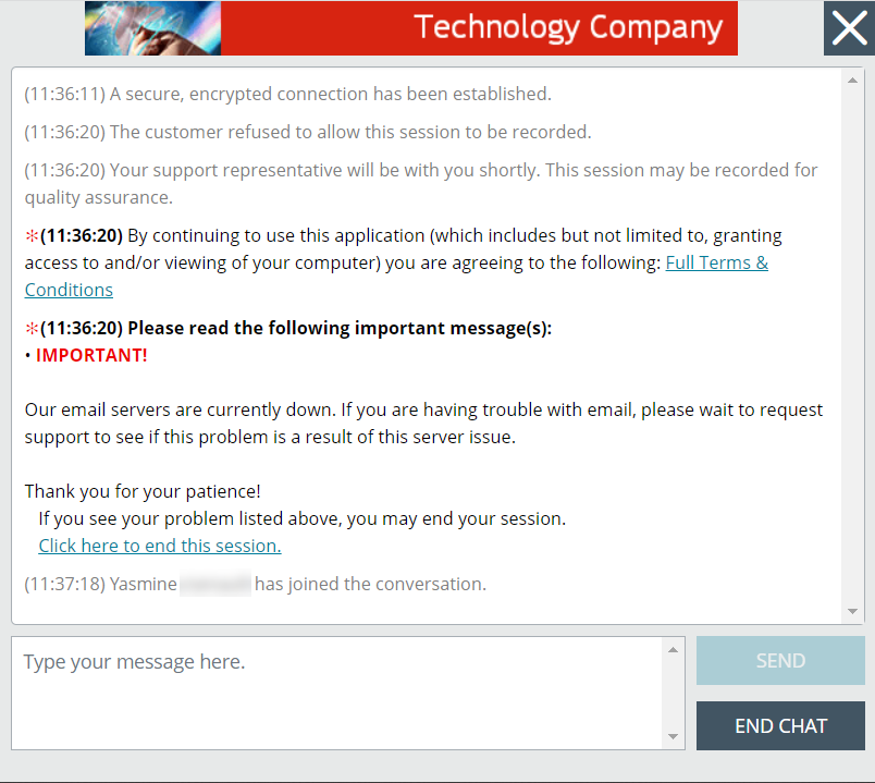 Screenshot of a click to chat session between a Remote Support Representative and Customer.