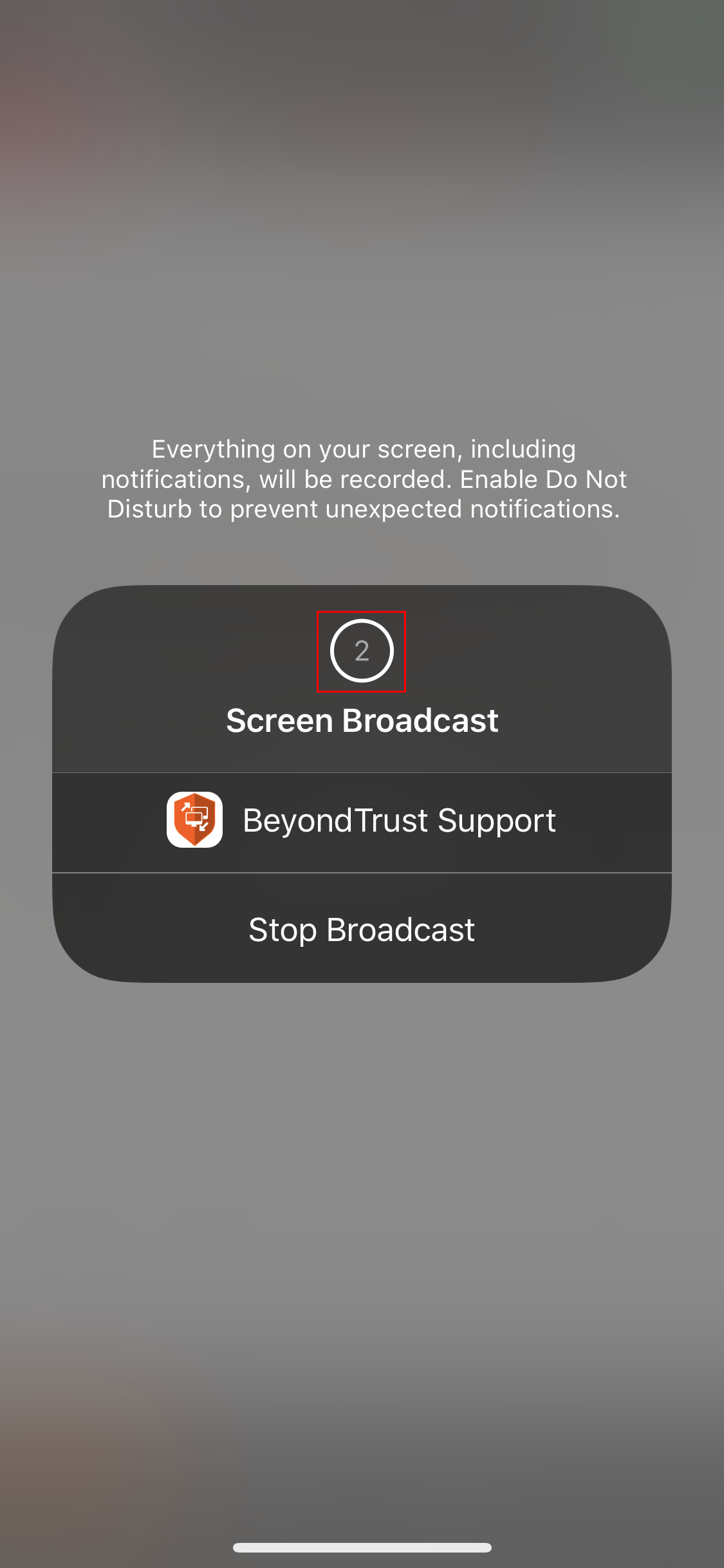 The Screen Recording prompt displaying a countdown until it starts recording and sharing the screen.