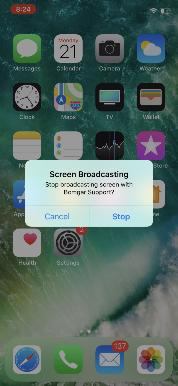 The Screen Broadcasting prompt asking if you wish to stop broadcasting your screen to BeyondTrust Support.