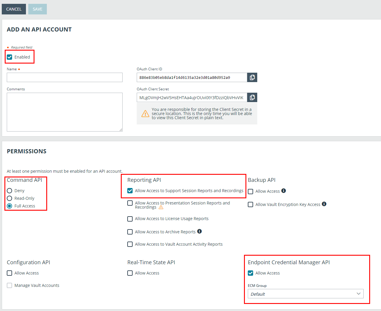 Screenshot of the Add an API Account page in Remote Support /login.