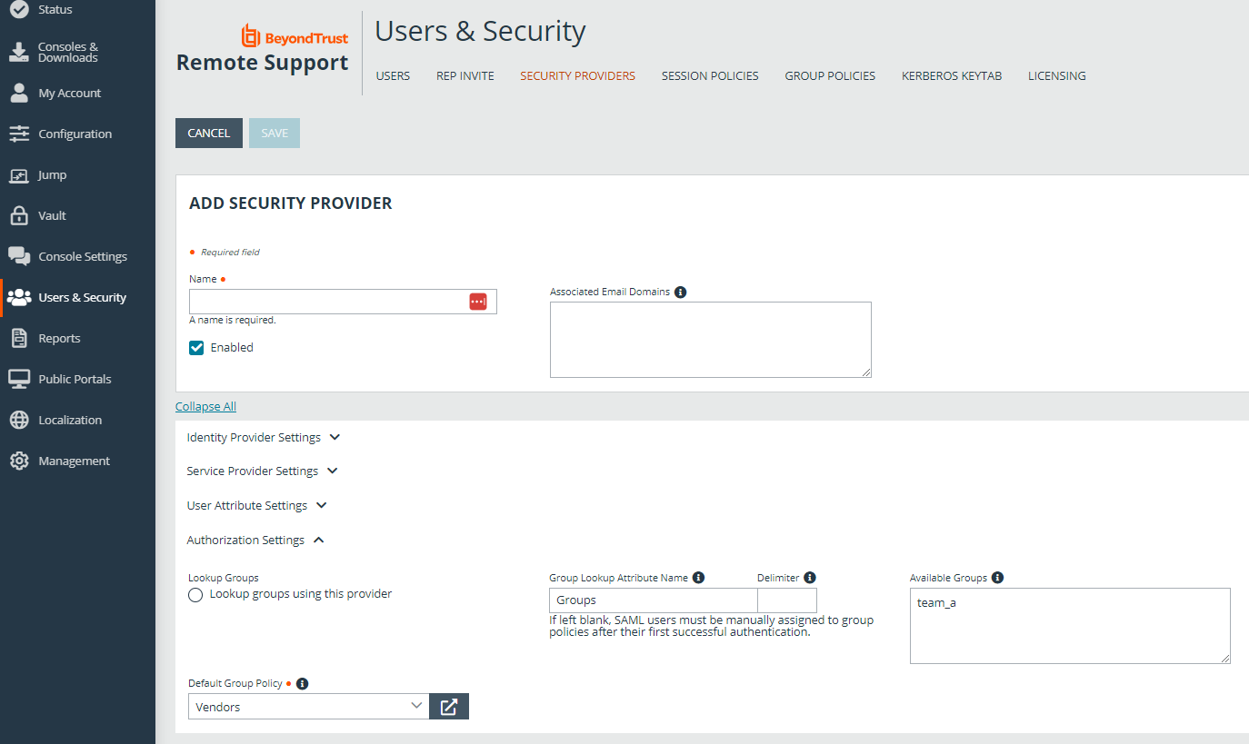 Add a security provider by entering authorization settings. 