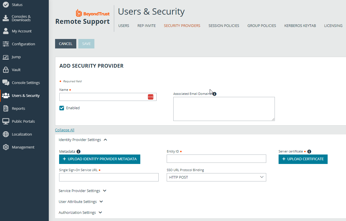 Add a security provider by entering identity provider details.