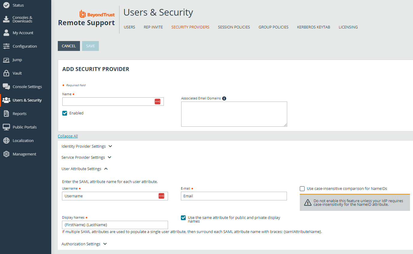 Add a security provider by entering user attribute settings. 