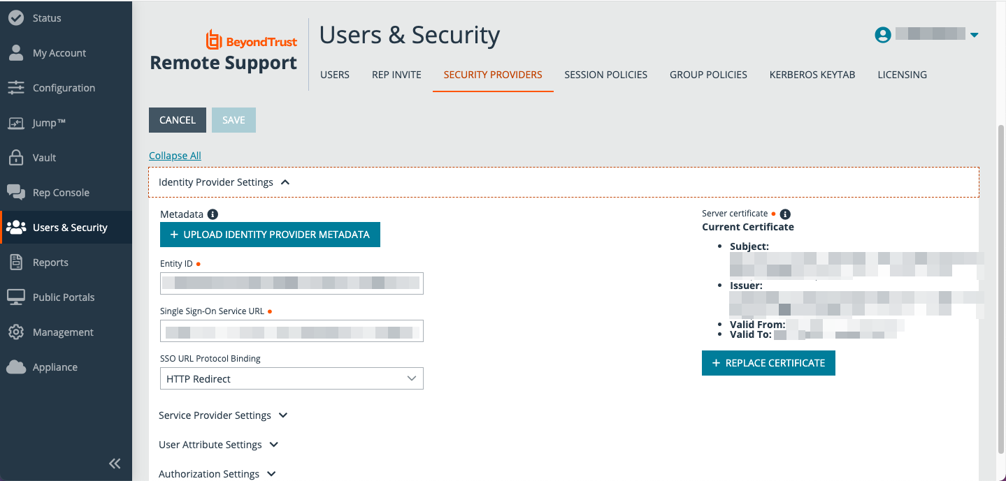 BeyondTrust page for uploading identity provider metadata and certificate.
