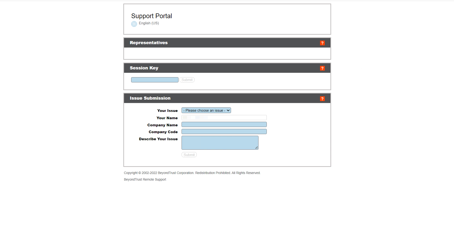 BeyondTrust Remote Support support portal after SMAL authentication by Beyond Identity. 