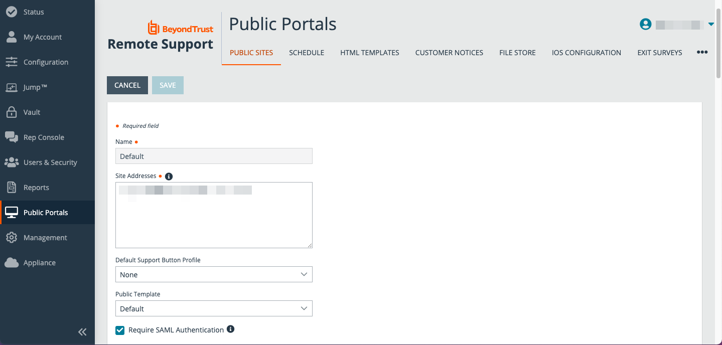 BeyondTrust page for public portals, with "Require SAML authentication" checked.