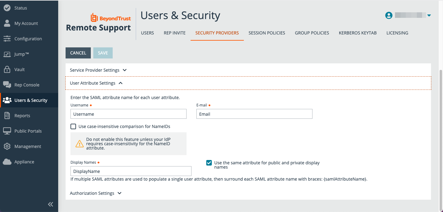 BeyondTrust page for setting user attributes.