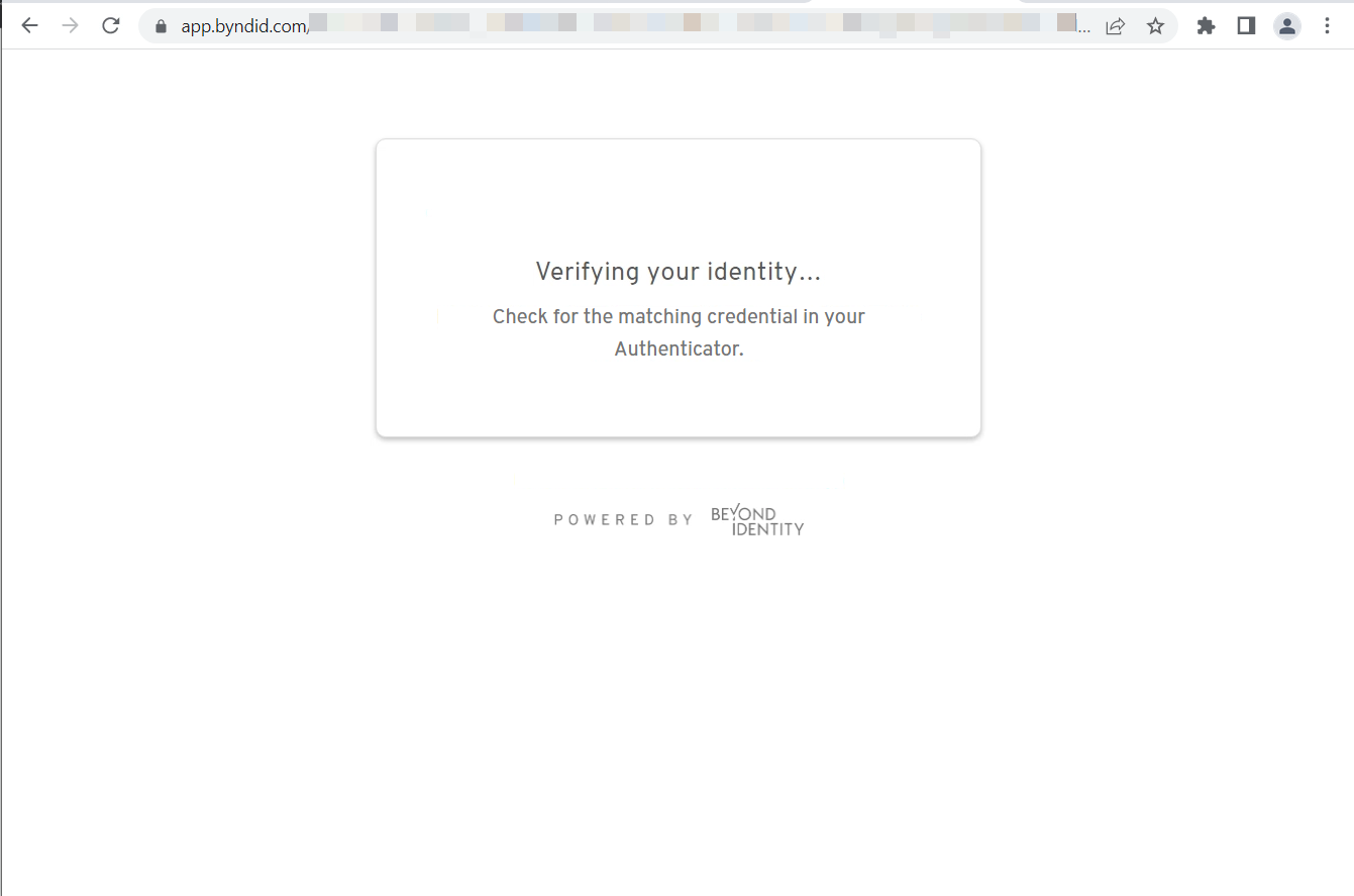 "Verifying your identity" message displays from the Beyond Identity app during login.