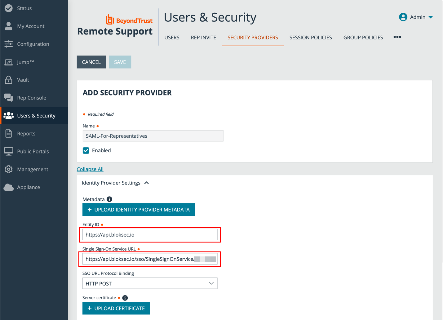 Set the values for Entity ID and Single Sign-On Service URL in Identity Provider Settings